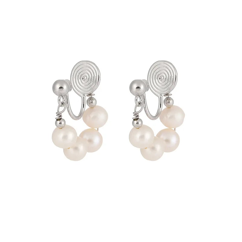 Elegant French Spiral Freshwater Pearl Hoop Stud & Clip On No Piercing Handmade Silver Tone Earrings