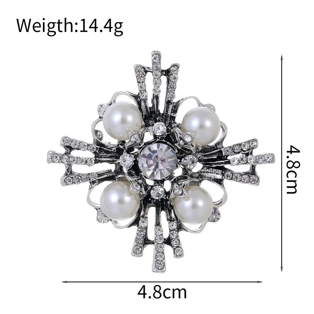 Luxury Geometric Cross Pearl Rhinestone Brooch Silver Tone Alloy Lapel Pin Corsage Suit Accessory Gift