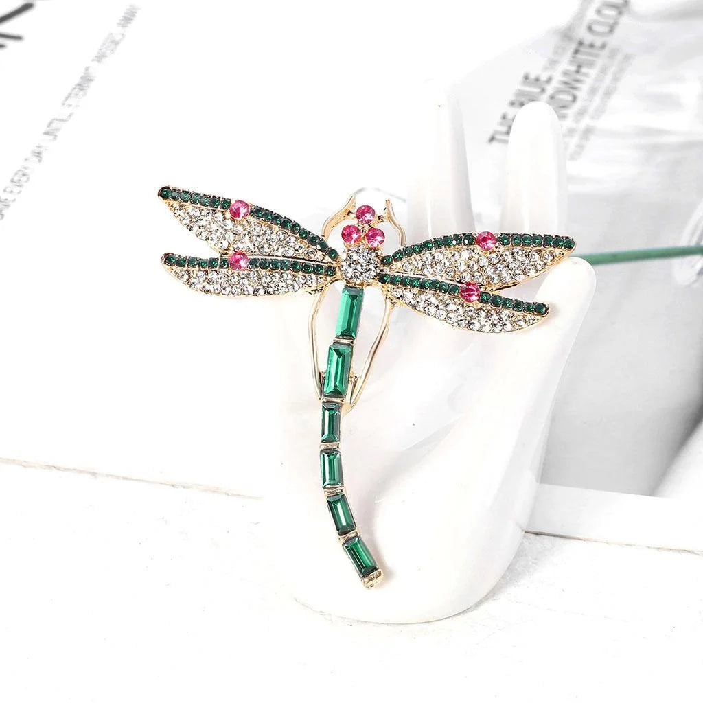 Elegant Dragonfly Rhinestone Brooch With Green Crystal Wings, Alloy Lapel Pin Corsage Suit Accessory