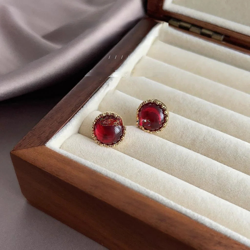 French Vintage Burgundy Geometric Round Copper Drop Earrings With 14K Plated