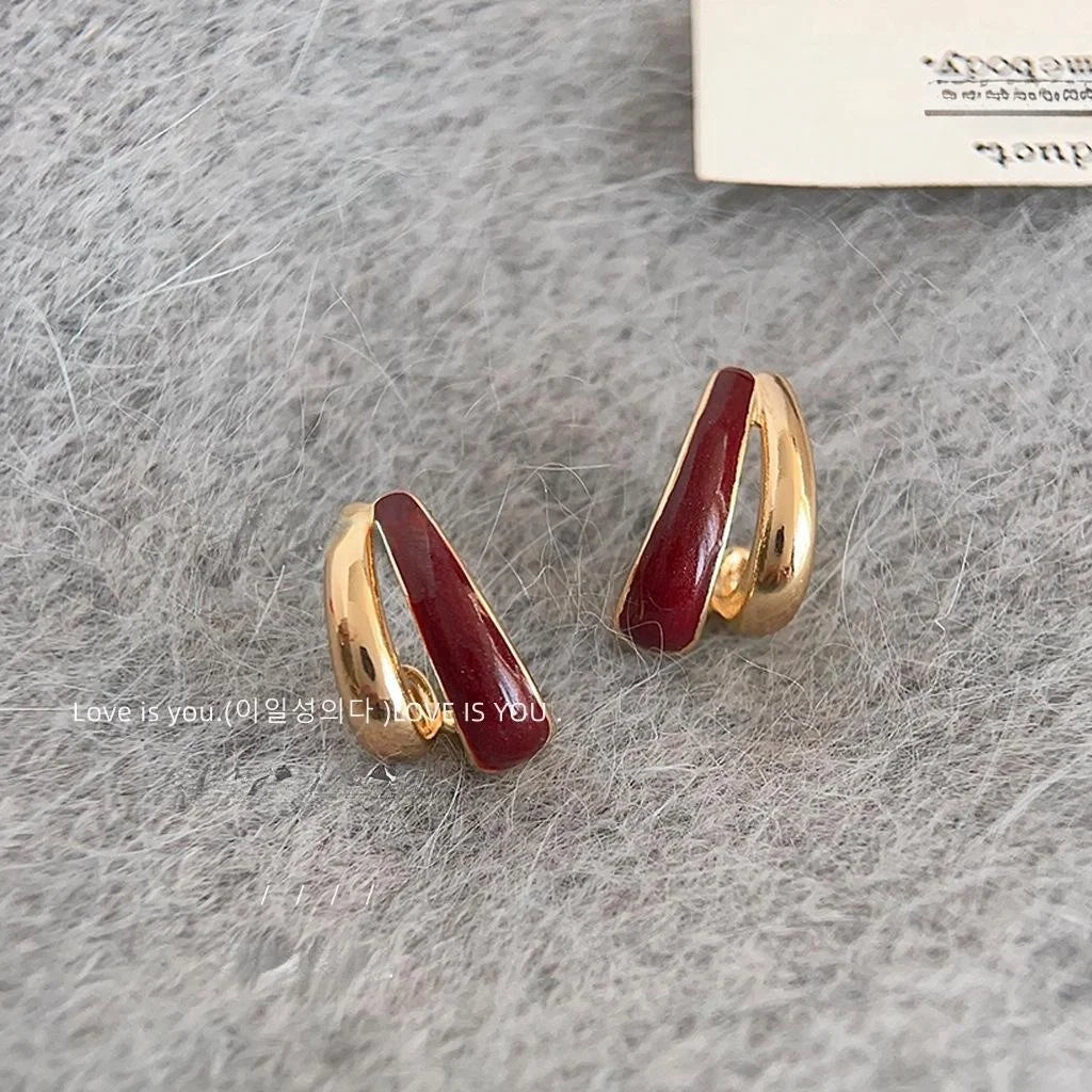 Hong Kong Retro 14K Gold Plated Copper Wine Red Enamel Geometric Hoop Stud Earrings For Women