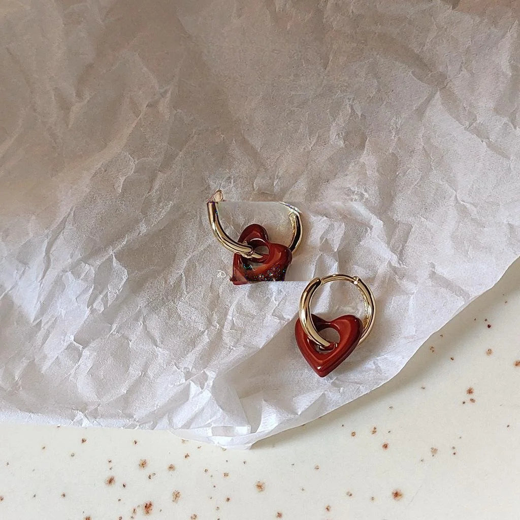 Flamenco Red Enamel Heart Copper Drop Earrings French Style Two Way Ear Cuff Jewelry