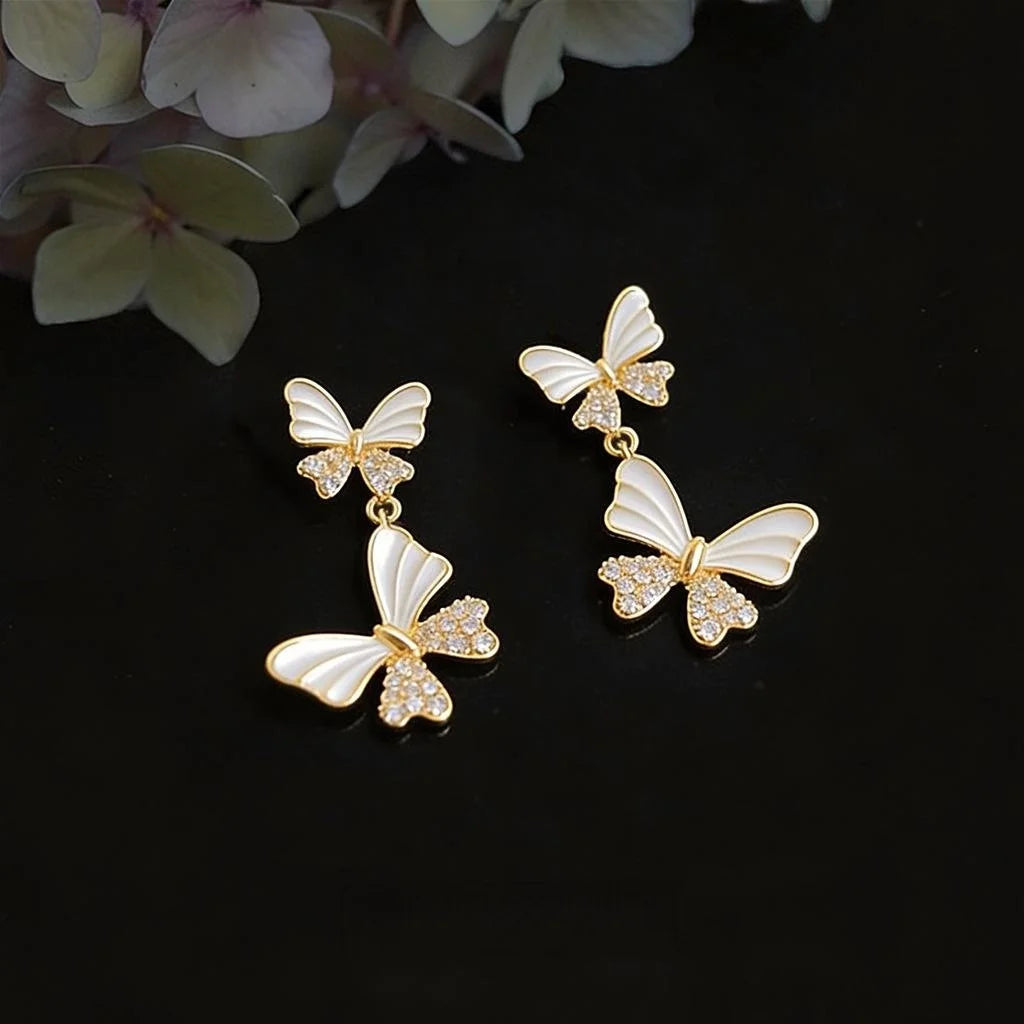 Sweet Style Copper Butterfly Zircon Handmade Drop Earrings, Elegant Versatile Jewelry