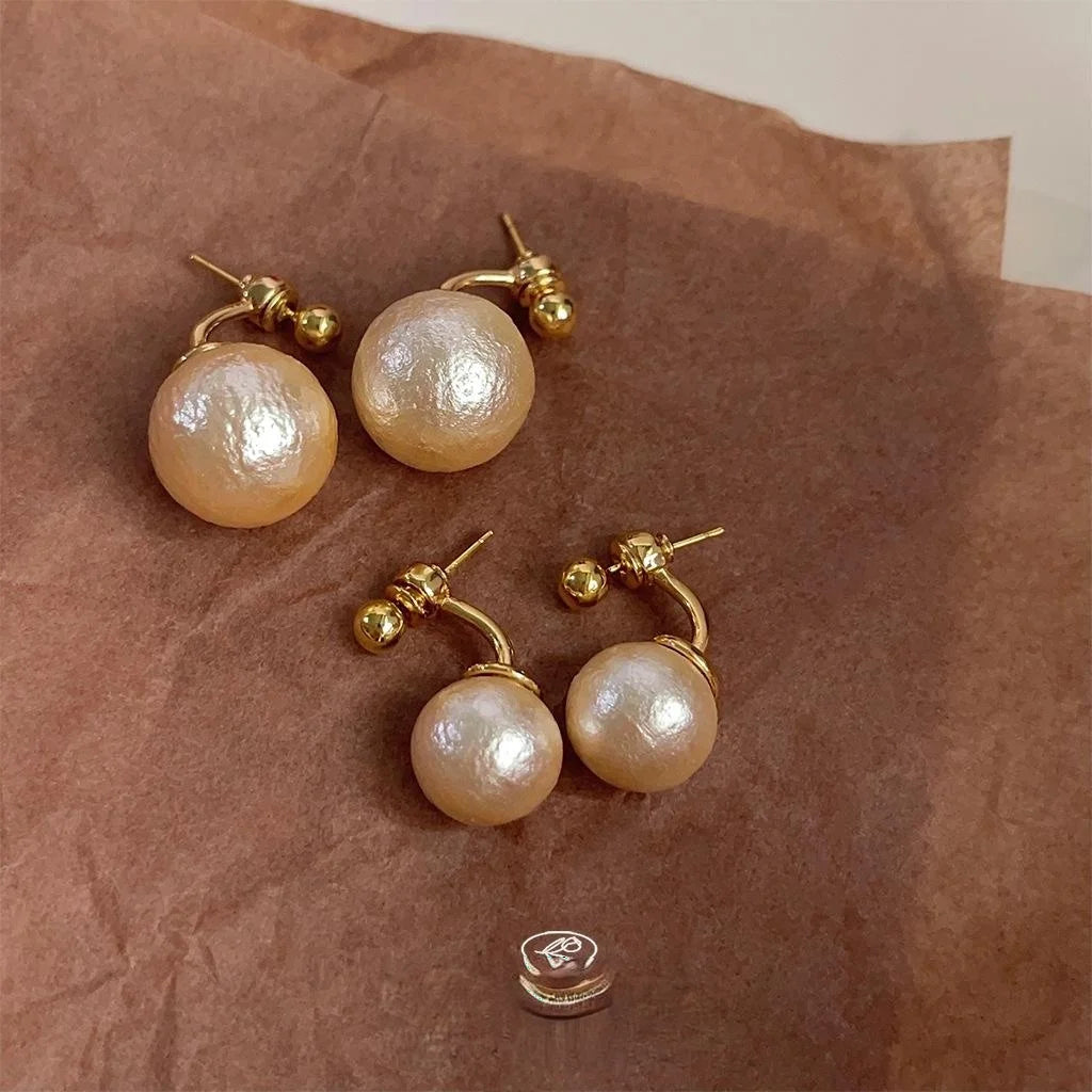 Two-Way Cotton Pearl Drop Earrings, Round Geometric Light Luxury Commuter Ear Jewelry