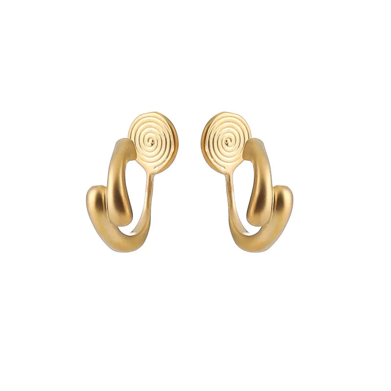 Minimalist Matte Gold Alloy Spiral Hoop Stud & Clip On No Piercing Elegant Small Huggie Earrings