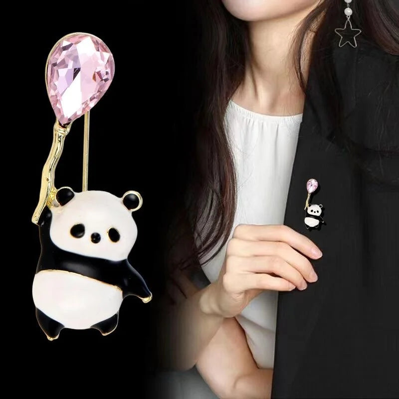 Cute Enamel Panda Holding Pink Rhinestone Balloon Brooch, Gold Tone Alloy Lapel Pin Corsage Gift