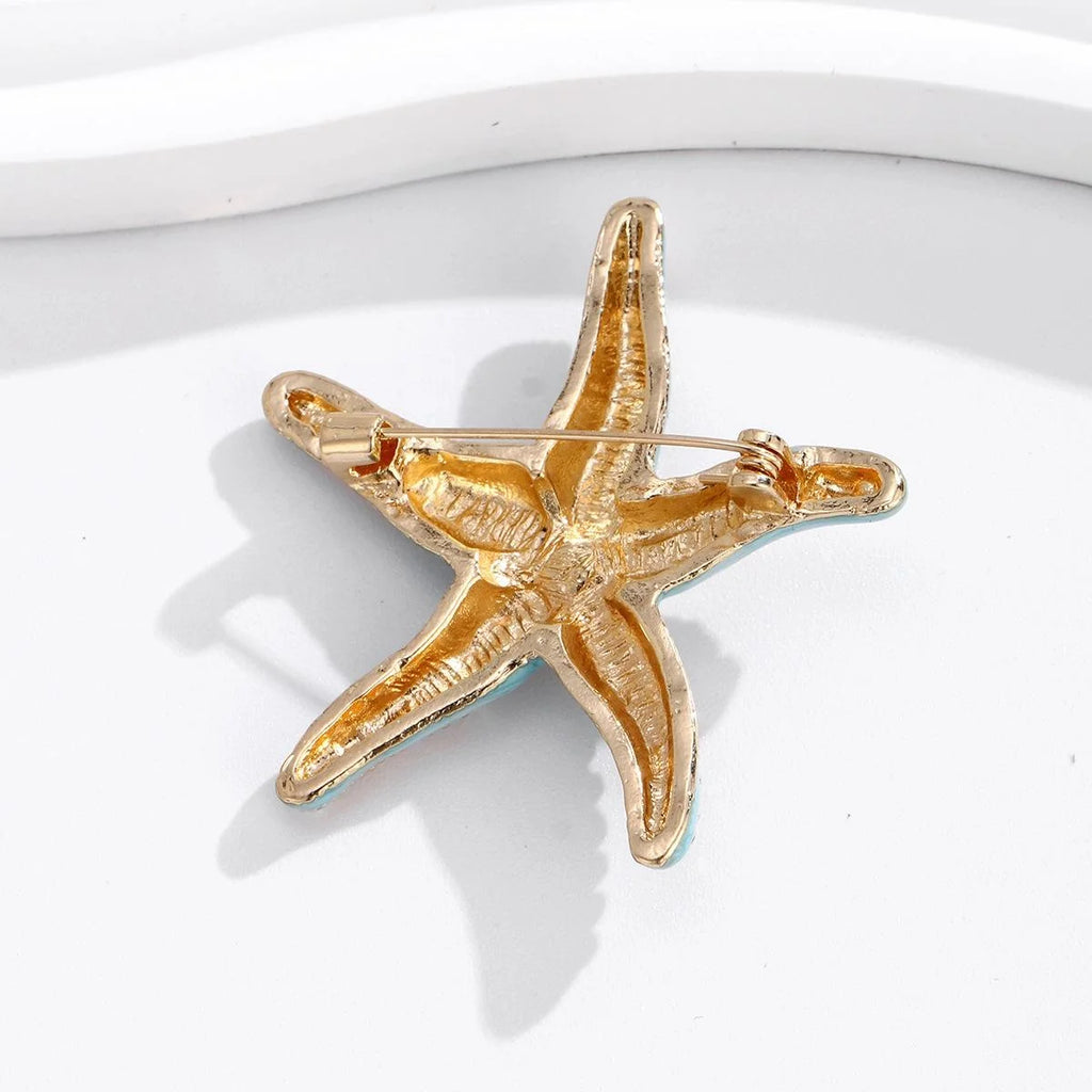 Elegant Blue Enamel Starfish Brooch With Aurora Rhinestones, Gold Tone Alloy Lapel Pin Corsage Gift