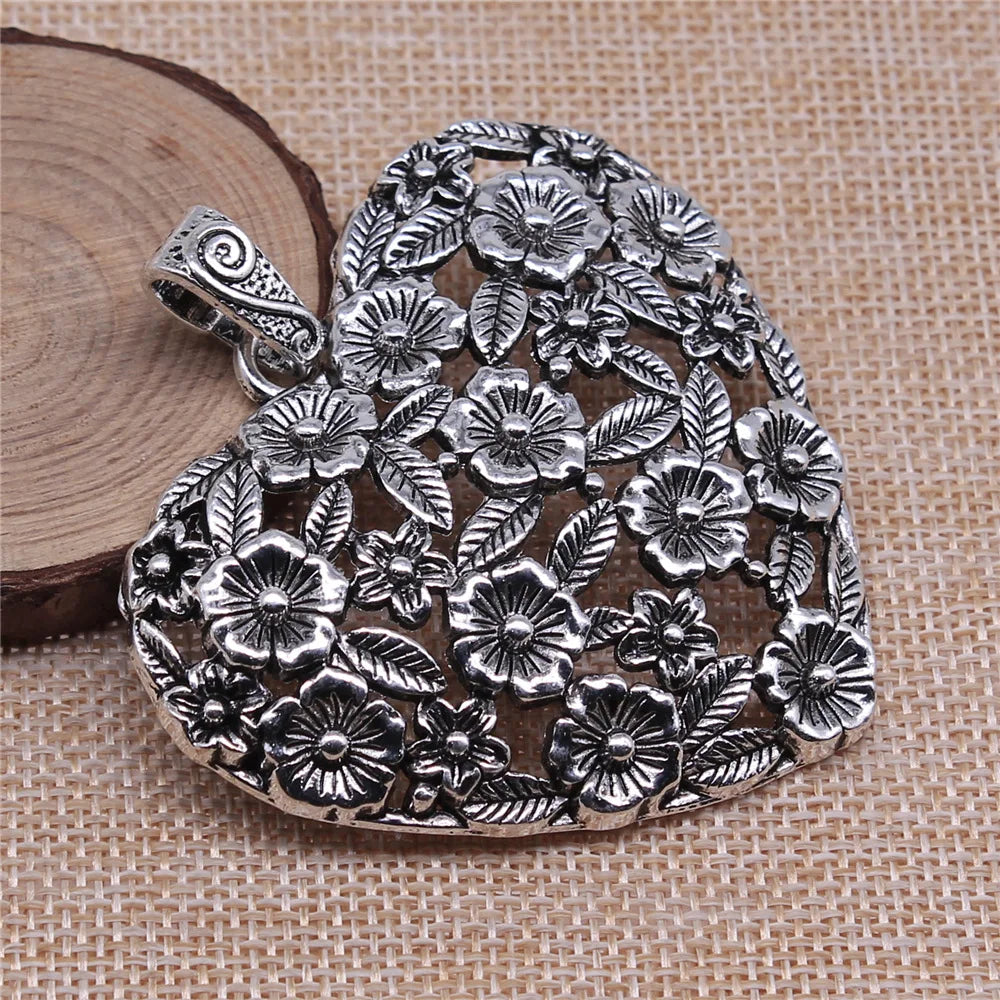 67x58mm 29.5g Antique Silver Zinc Alloy Hollow Flower Heart Charm Pendant for DIY Jewelry Making