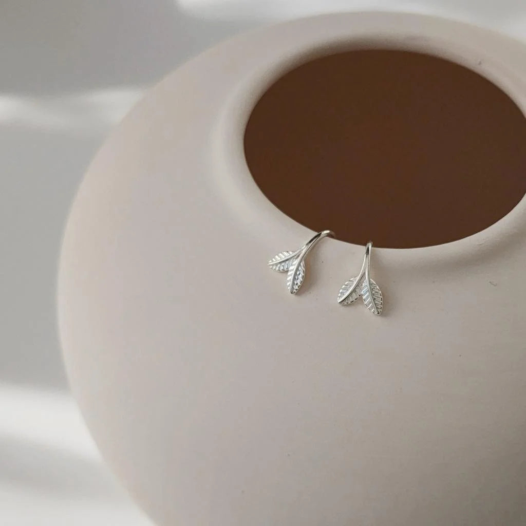Korean Forest Style Mini Silver Leaf Copper Drop Earrings For Women