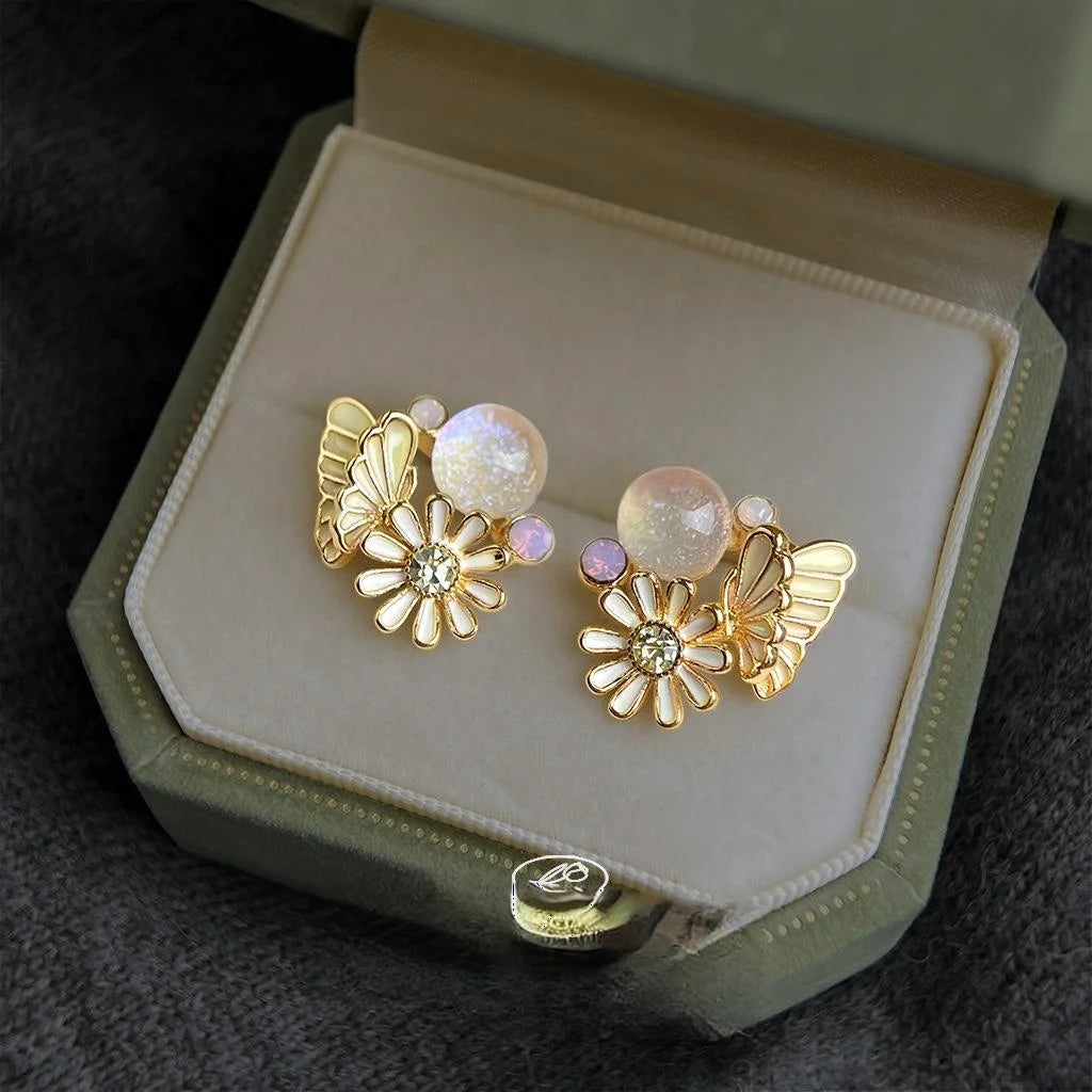 Sweet Forest Style Butterfly Flower Stud Earrings, Eco-Friendly Copper Hand Painted Enamel Jewelry