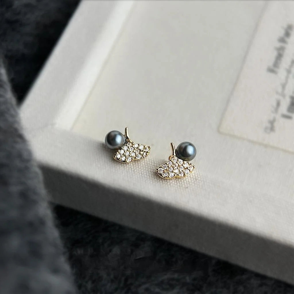 Light Luxury Mini Ginkgo Leaf Stud Earrings With Zircon And Glass Pearl Copper Jewelry