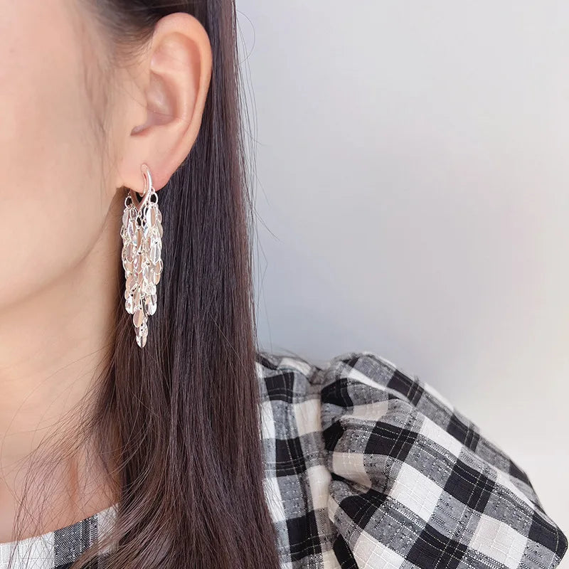 Elegant Shiny Silver Alloy Leaf Sequin Long Tassel Statement Stud & Clip On No Piercing Earrings