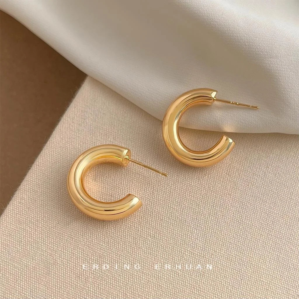Minimalist 14K Plated Copper C-Shaped Round Geometric Drop Earrings