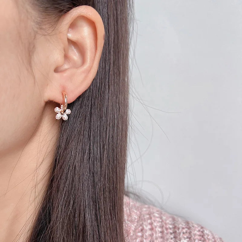 Elegant Rose Gold Rhinestone Flower Spiral Hoop Stud & Clip On No Piercing Women's Fashion Earrings