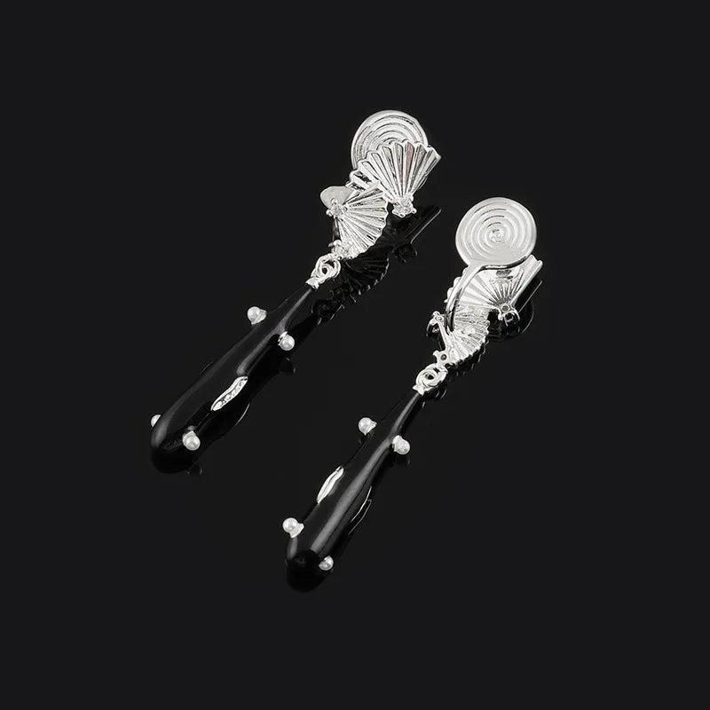 Vintage Chinese Fan Alloy Enamel Long Tassel Pearl Stud & Clip On No Piercing Qipao Earrings