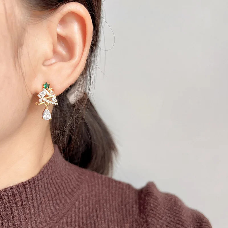 Luxury Gold Alloy Green Zircon Christmas Tree Pearl Waterdrop Stud & Clip On No Piercing Earrings