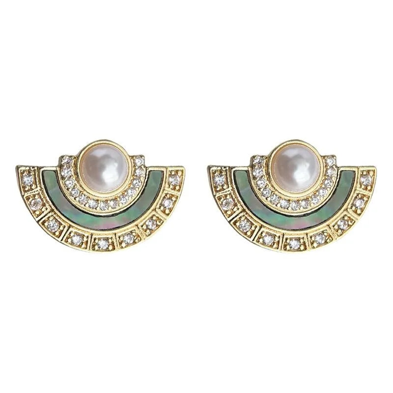 14K Plated Copper Real Shell Pearl Zircon Fan Geometric Stud Earrings For Women