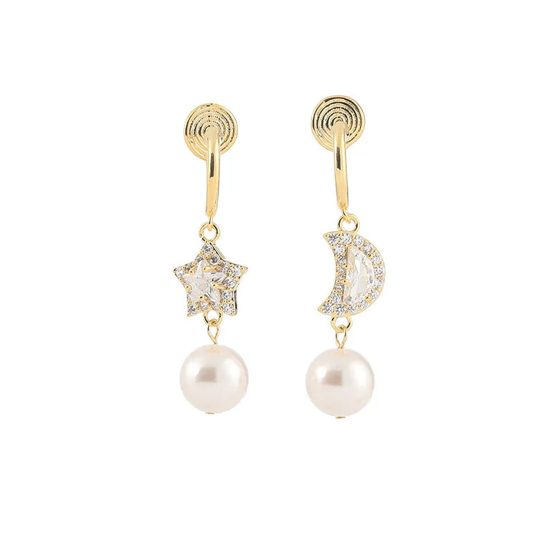 Elegant Luxury Gold Tone Alloy Asymmetric Star Moon Zircon Pearl Stud & Clip On No Piercing Dangle Earrings