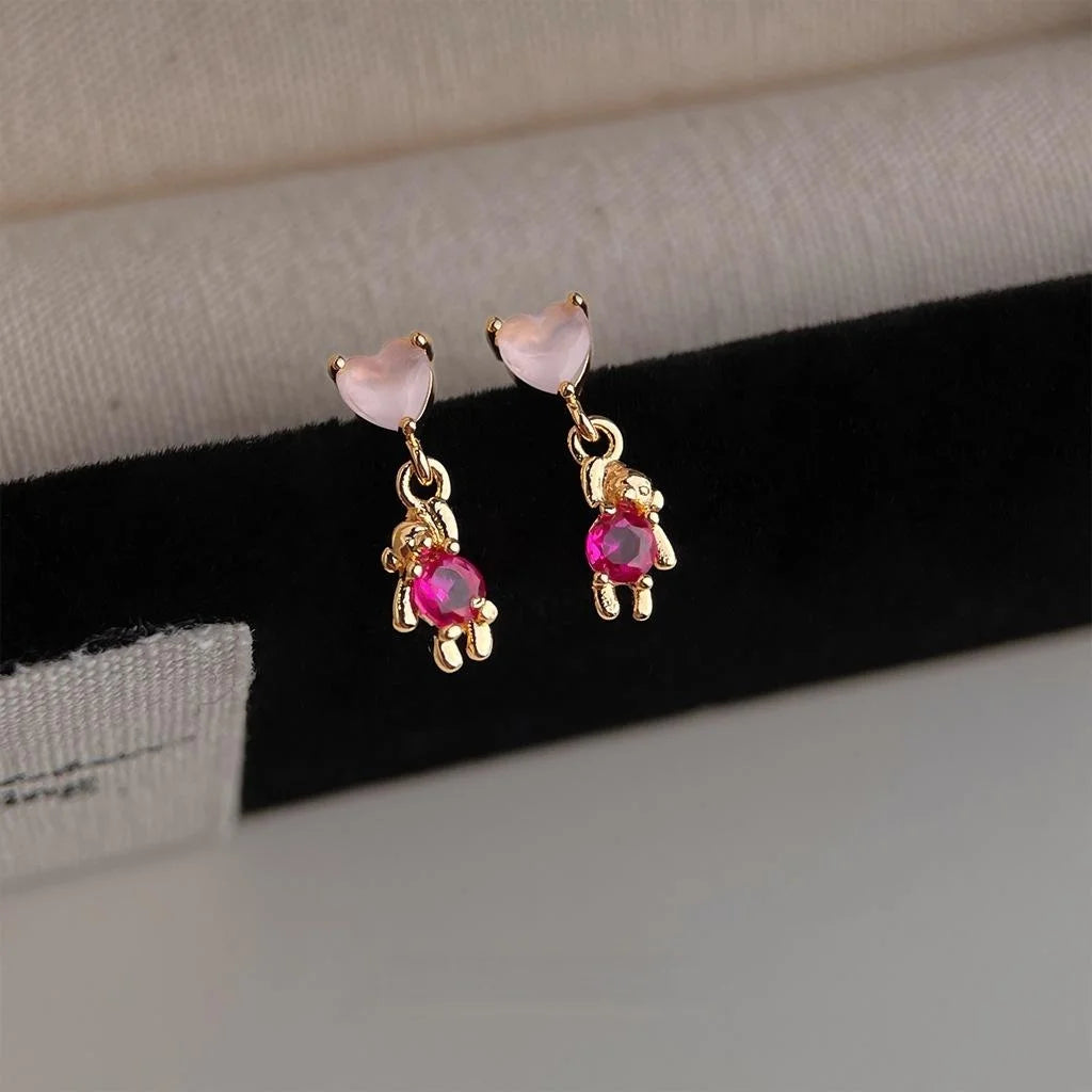 Sweet Balloon Bear Heart Micro Pave Zircon Copper Drop Earrings For Women