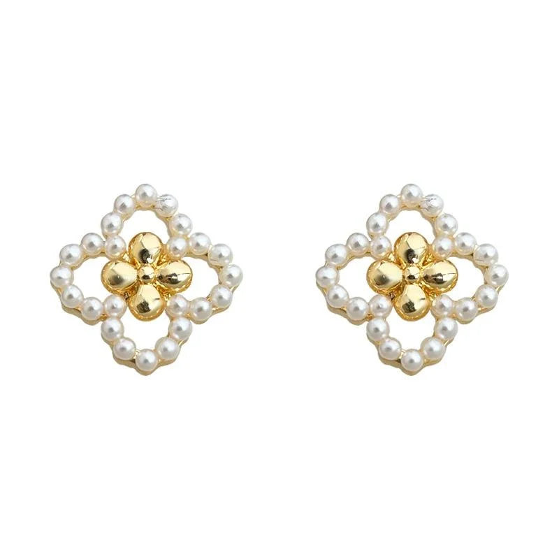 14K Plated Copper Pearl Flower Geometric Stud Earrings Minimalist Commuter Jewelry