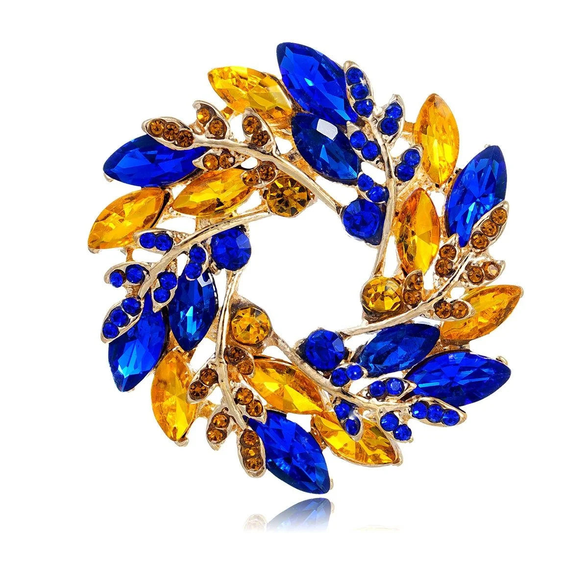 Elegant Blue Amber Rhinestone Leaf Wheat Wreath Brooch, Gold Tone Alloy Lapel Pin Corsage Suit Accessory