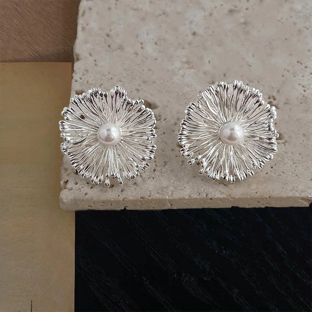 Designer Oversized Floral Glass Pearl Copper Drop Earrings With Ruffle Petal Luxury Style