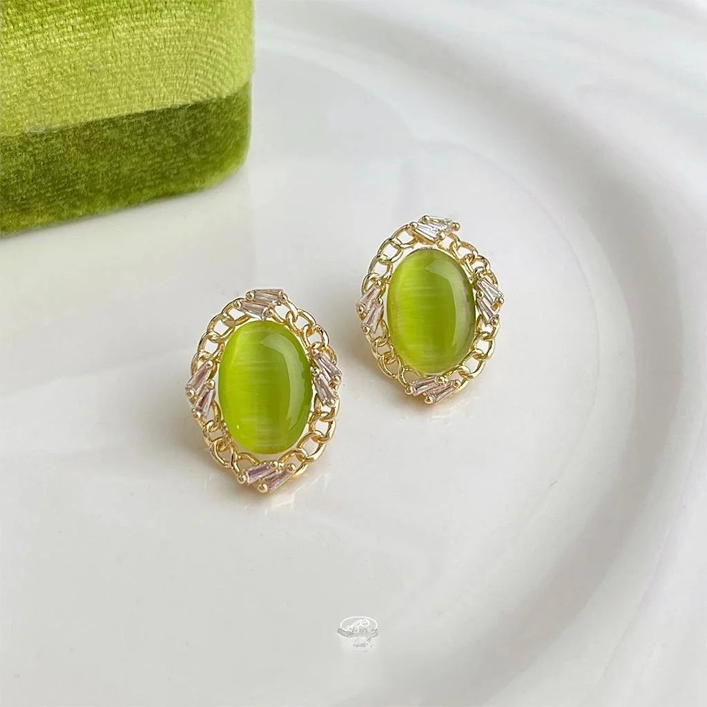 Vintage 14K Plated Copper Olive Green Cat Eye Oval Zircon Stud Earrings