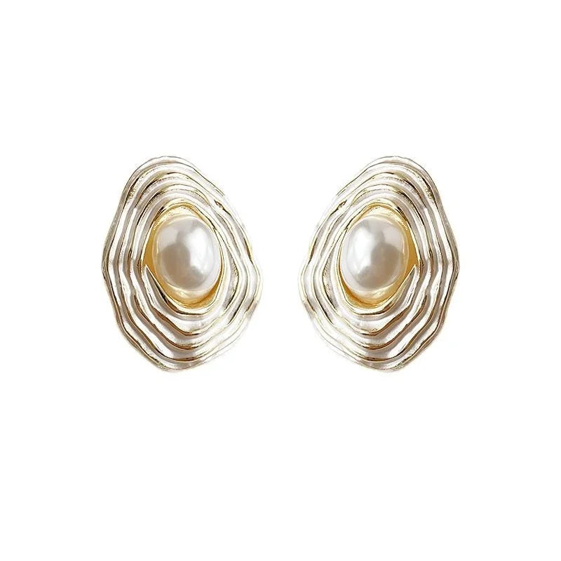 French Vintage 14K Plated Irregular Geometric High Gloss Pearl Drop Earrings