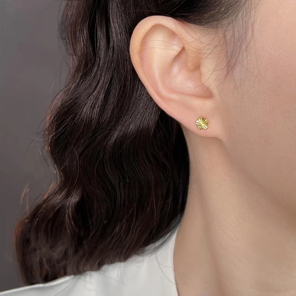18K Gold Plated Copper Flower Stud Earrings, Mini Faceted Light Luxury Style
