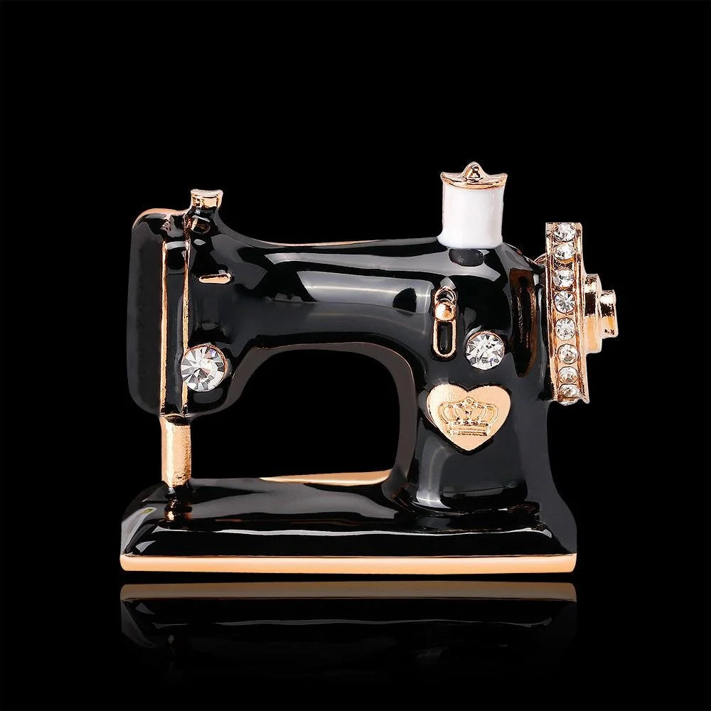 Vintage Black Enamel Sewing Machine Brooch With Rhinestones, Alloy Luxury Lapel Pin Suit Accessory Gift