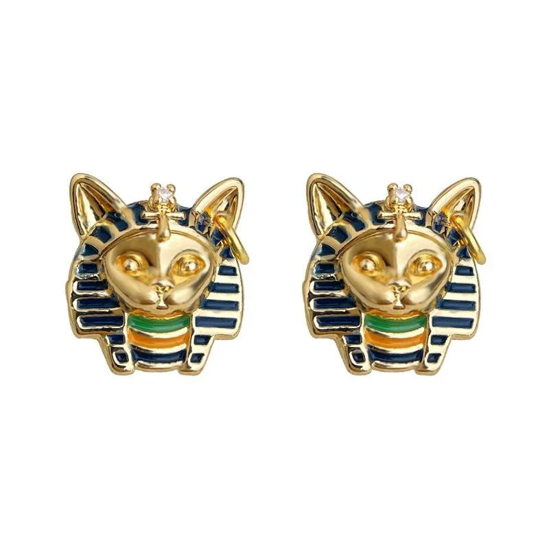 Vintage Egyptian Cat Head Pharaoh Stud Earrings 14K Plated Copper Enamel Irregular