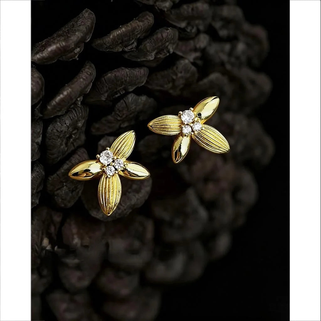 14K Gold Plated Copper Micro Pave Zircon Osmanthus Flower Leaf Stud Earrings High-End Fashion