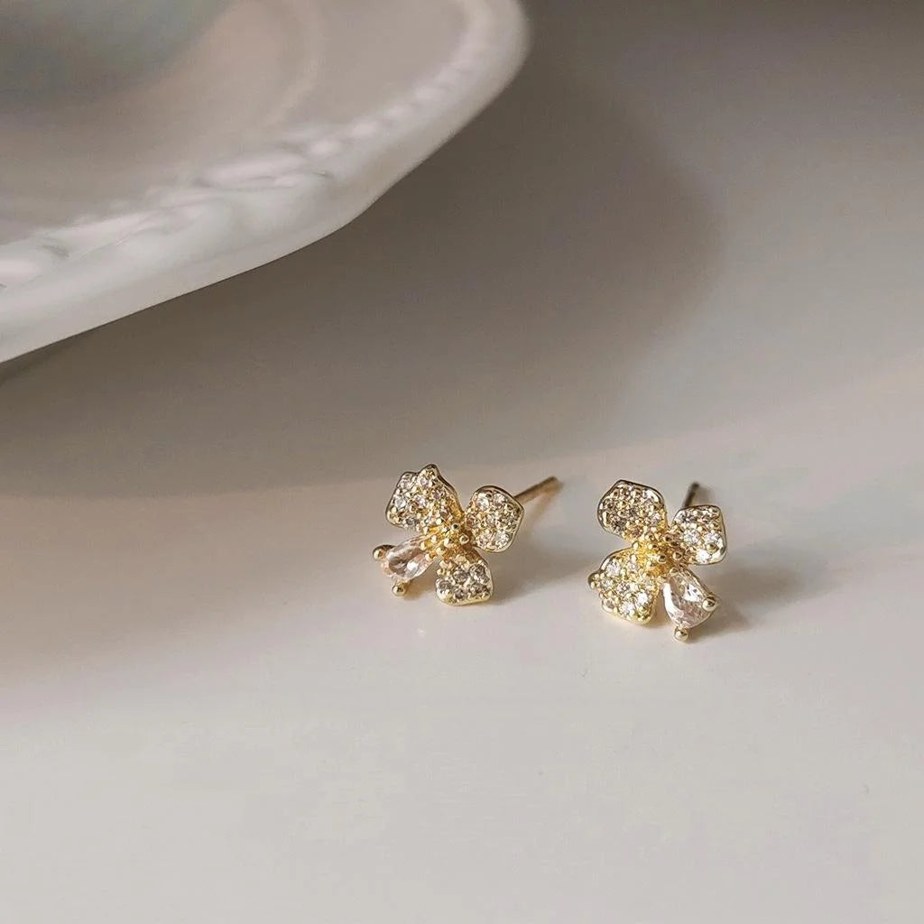 Mini 14K Plated Copper Flower Stud Earrings With Micro Pave Zircon Petal Minimalist Style