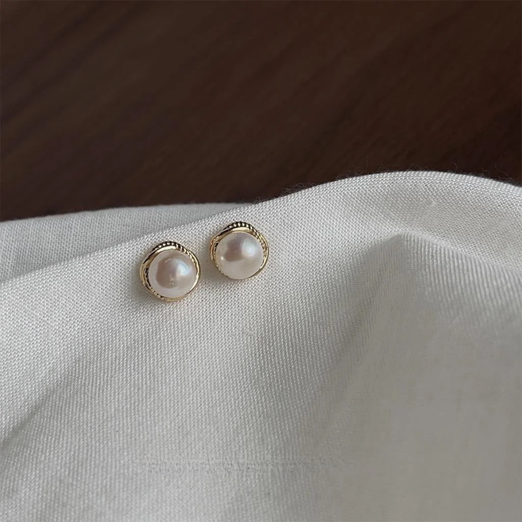 14K Gold Plated Copper Freshwater Pearl Stud Earrings Minimalist Round Geometric Light Luxury Jewelry