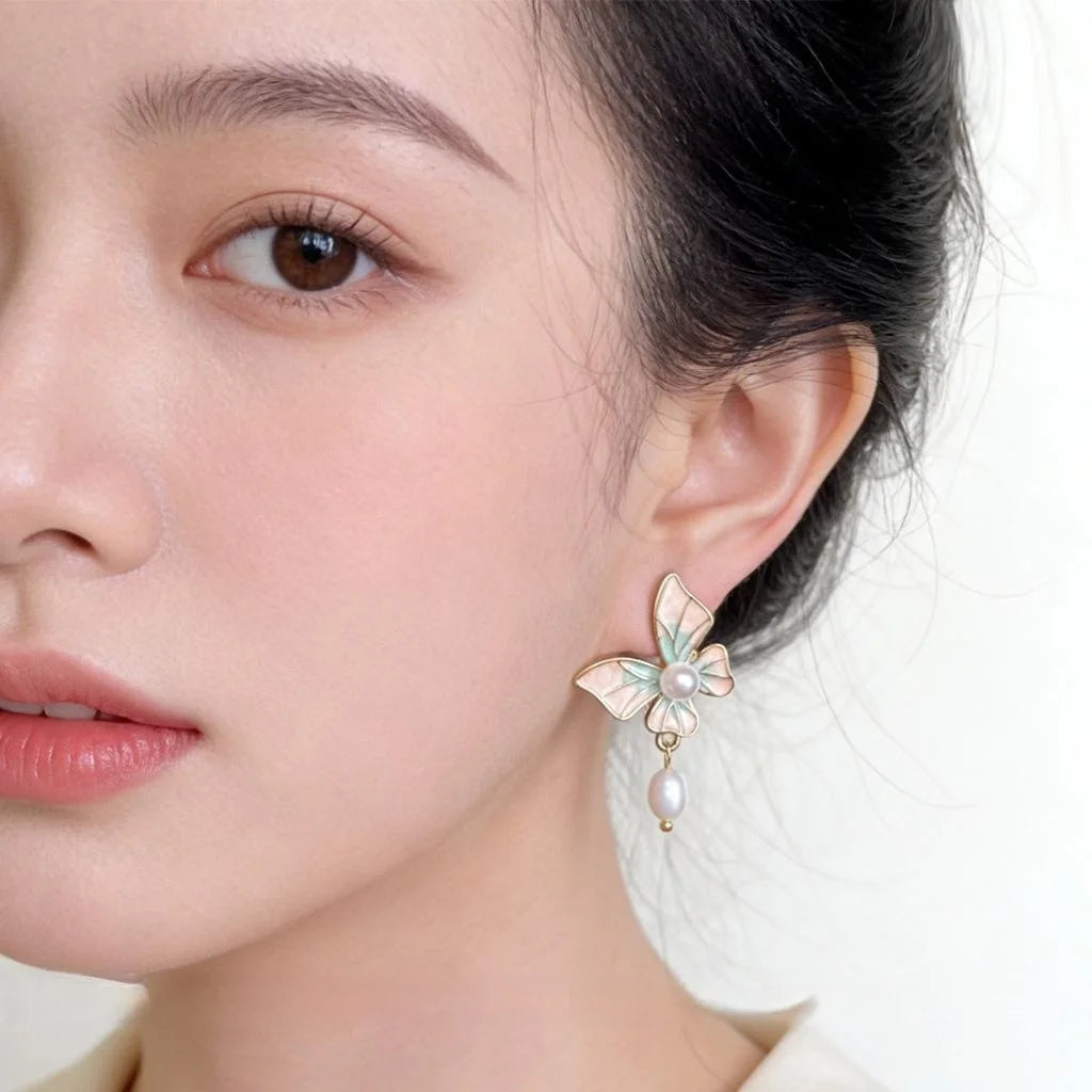 14K Plated Copper Butterfly Freshwater Pearl Stud Earrings French Vintage Handmade Jewelry
