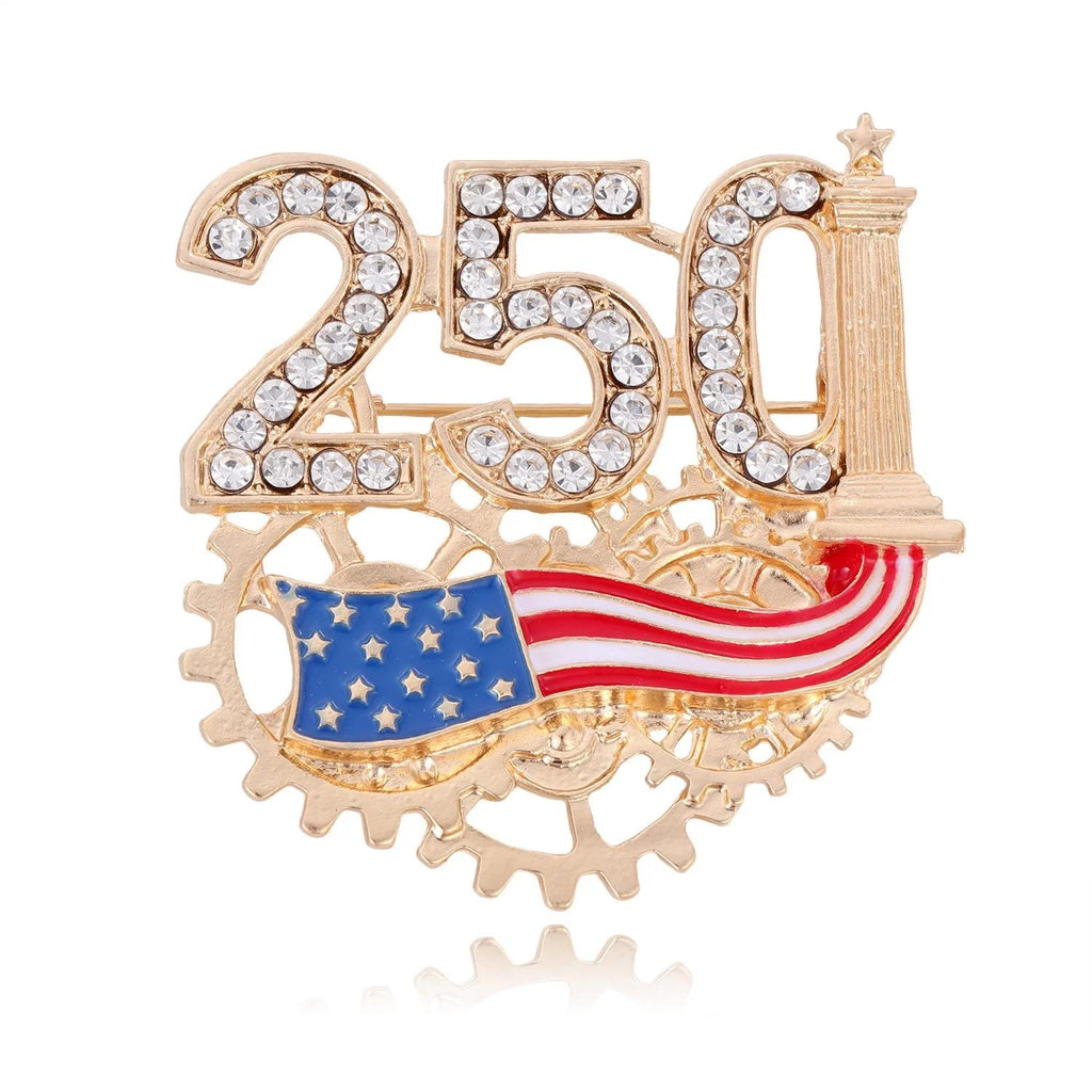 Luxury USA 250th Anniversary Gear Flag Rhinestone Alloy Brooch, Vintage Lapel Pin Suit Accessory Gift