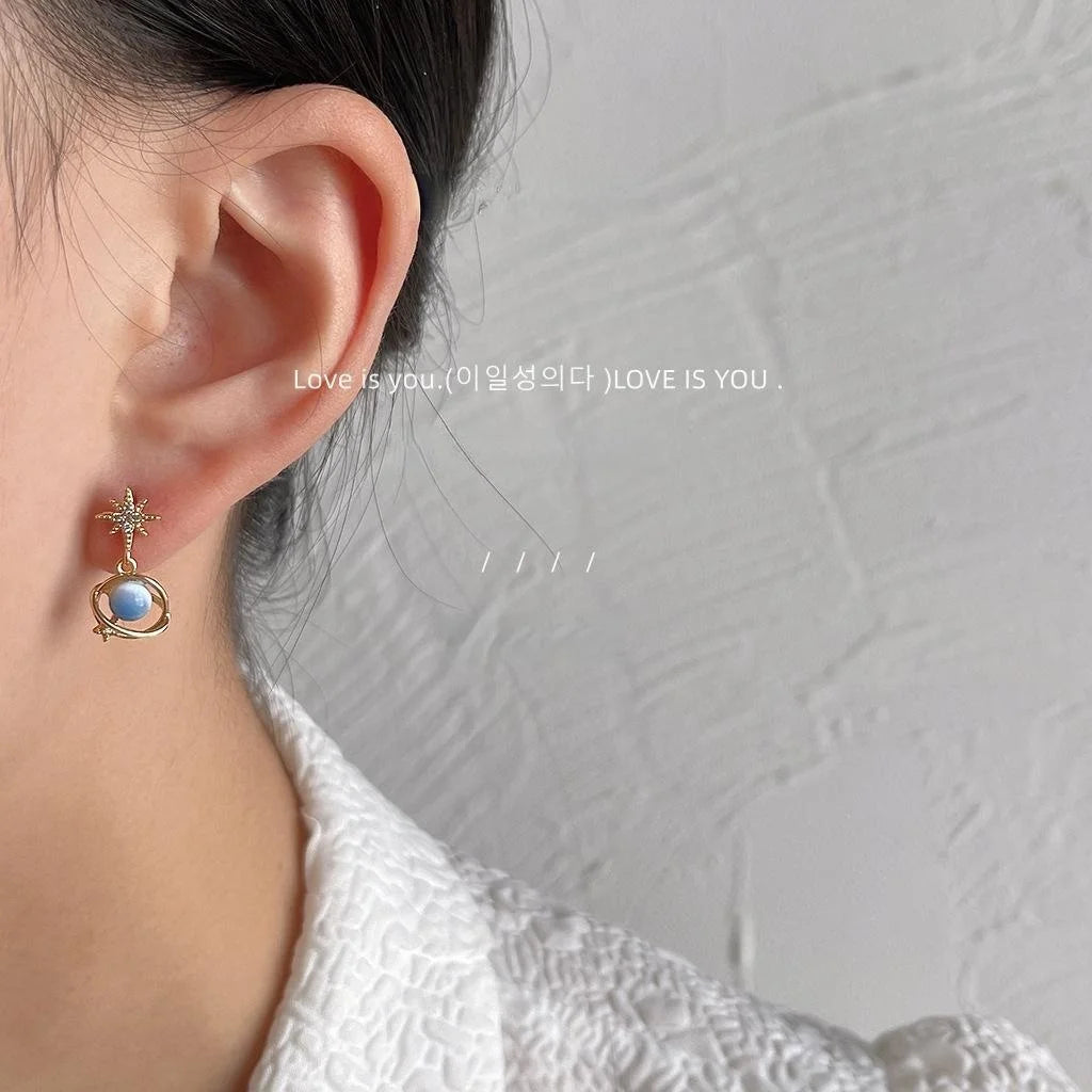 14K Plated Copper Galaxy Star Stud Earrings With Blue Cat Eye Glass And Micro Pave Zircon Style