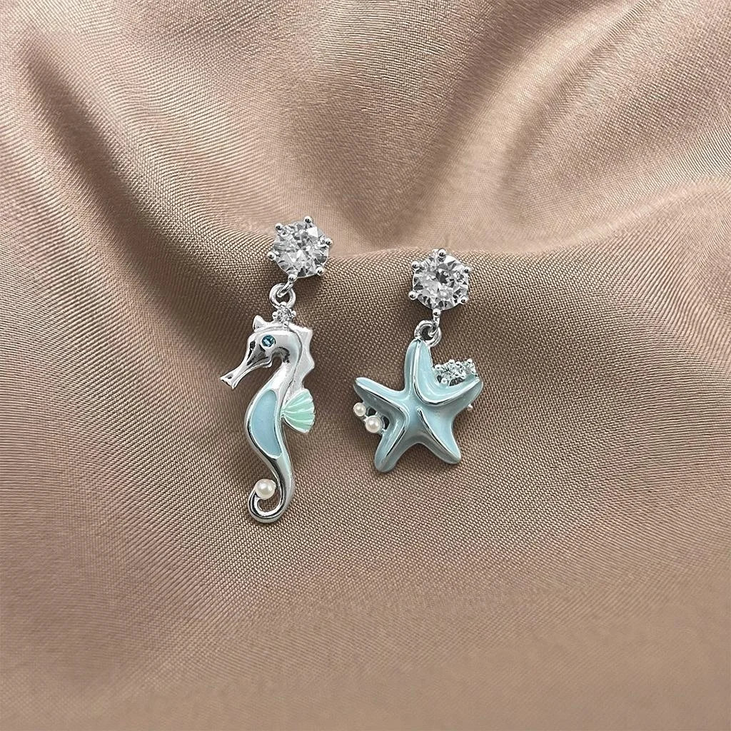 Asymmetric Enamel Seahorse Starfish Micro Pave Zircon Copper Drop Earrings