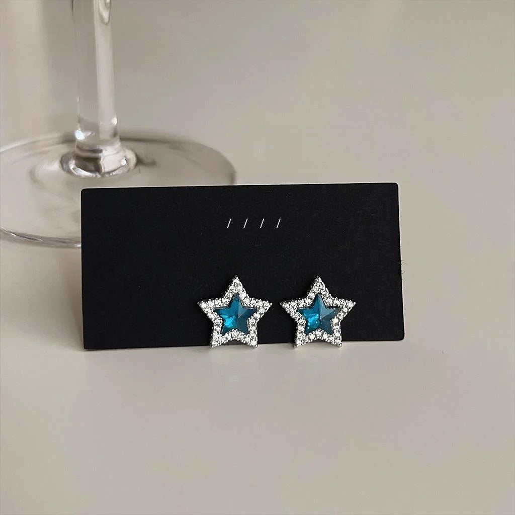 Minimalist Blue Five Point Star Stud Earrings Copper Micro Pave Zircon Glass Crystal Jewelry