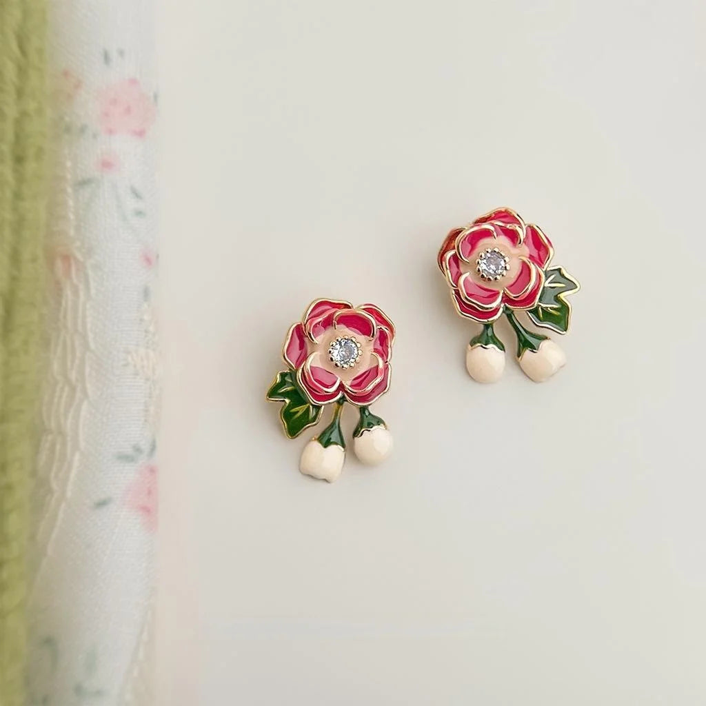 Sweet Floral Enamel Copper Stud Earrings And 14K Plated Finish