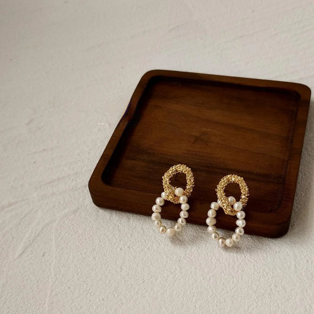 14K Gold Plated Handmade Natural Freshwater Pearl Geometric Hoop Drop Earrings