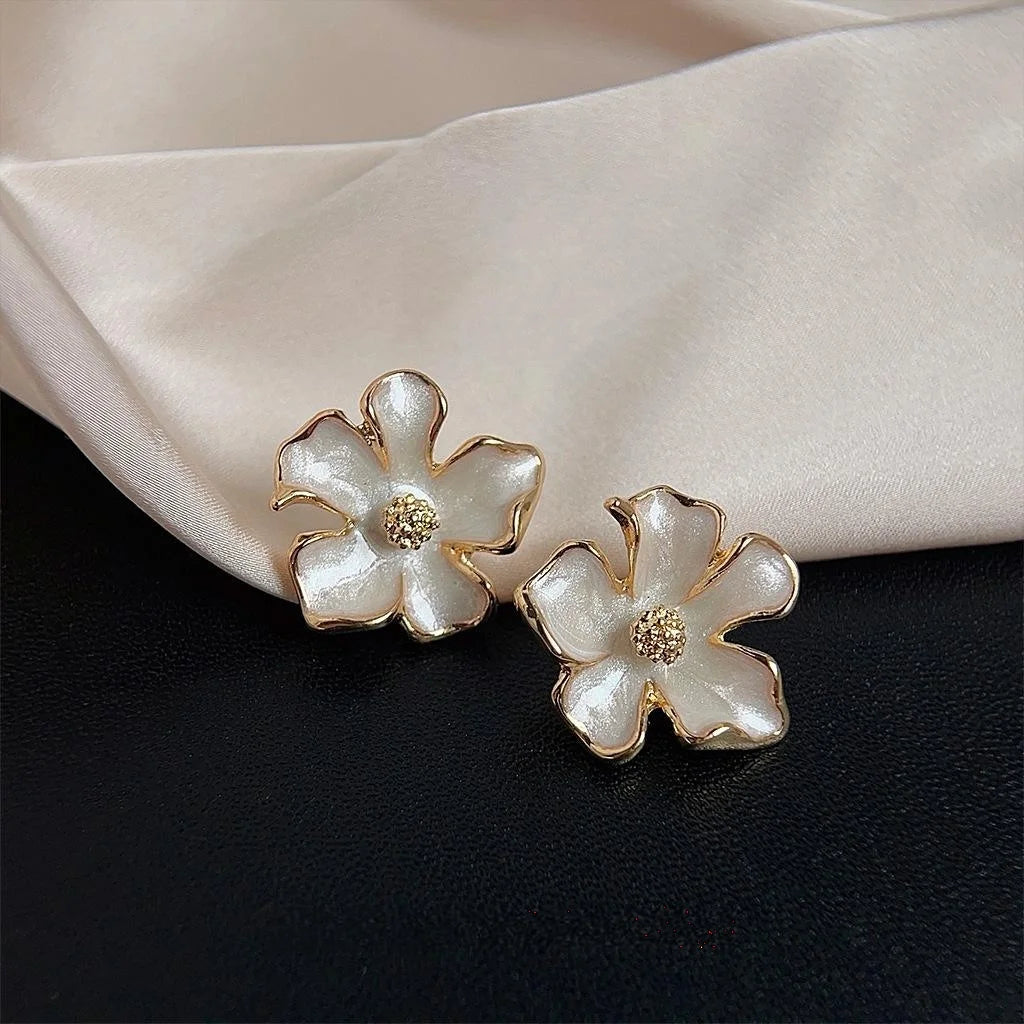 Sweet Gardenia Flower Stud Earrings 14K Electroplated Copper Enamel Elegant Jewelry
