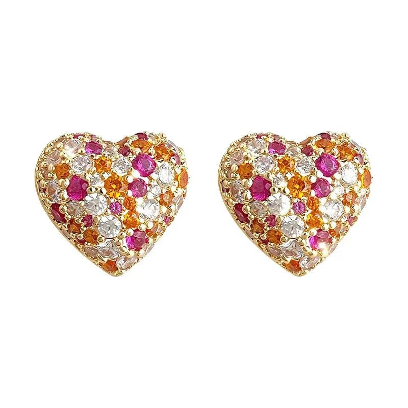 Light Luxury Full Zircon Colorful Heart Stud Earrings Copper Fashion Jewelry