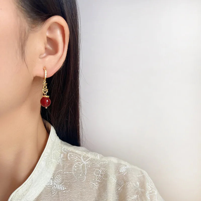 Elegant Chinese Double Happiness Red Agate Bead Alloy Stud & Clip On No Piercing Bridal Drop Earrings