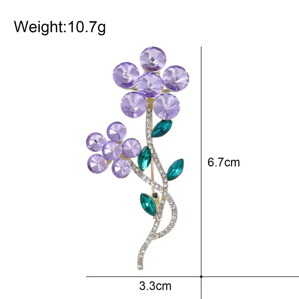 Elegant Purple Crystal Flower Brooch With Rhinestone Stem, Green Leaf Lapel Pin Corsage Gift