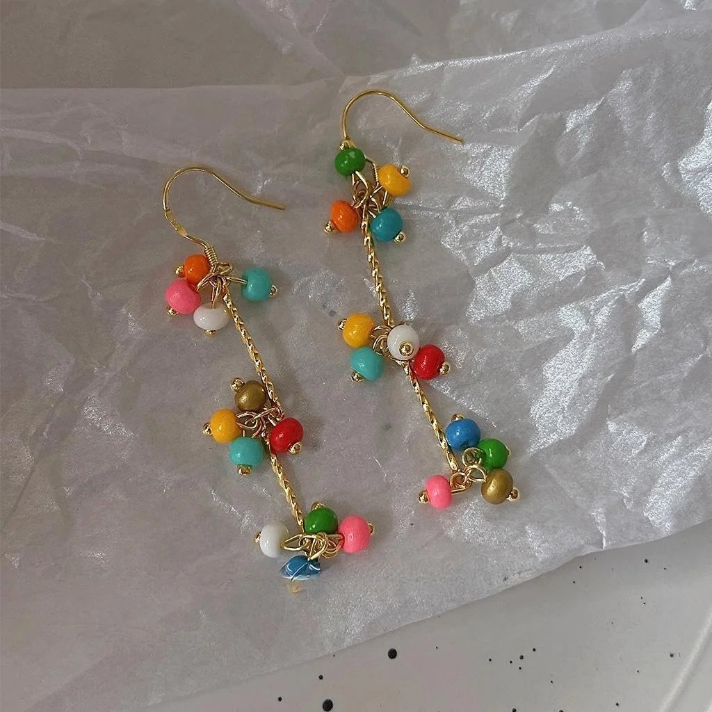 Bohemian Handmade Glass Seed Bead Tassel Drop Earrings Colorful Geometric Vacation Style