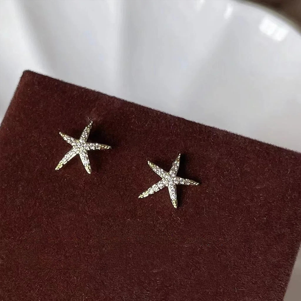 Cute Starfish Micro Pave Zircon 14K Plated Copper Stud Earrings With Silver Plated Pins