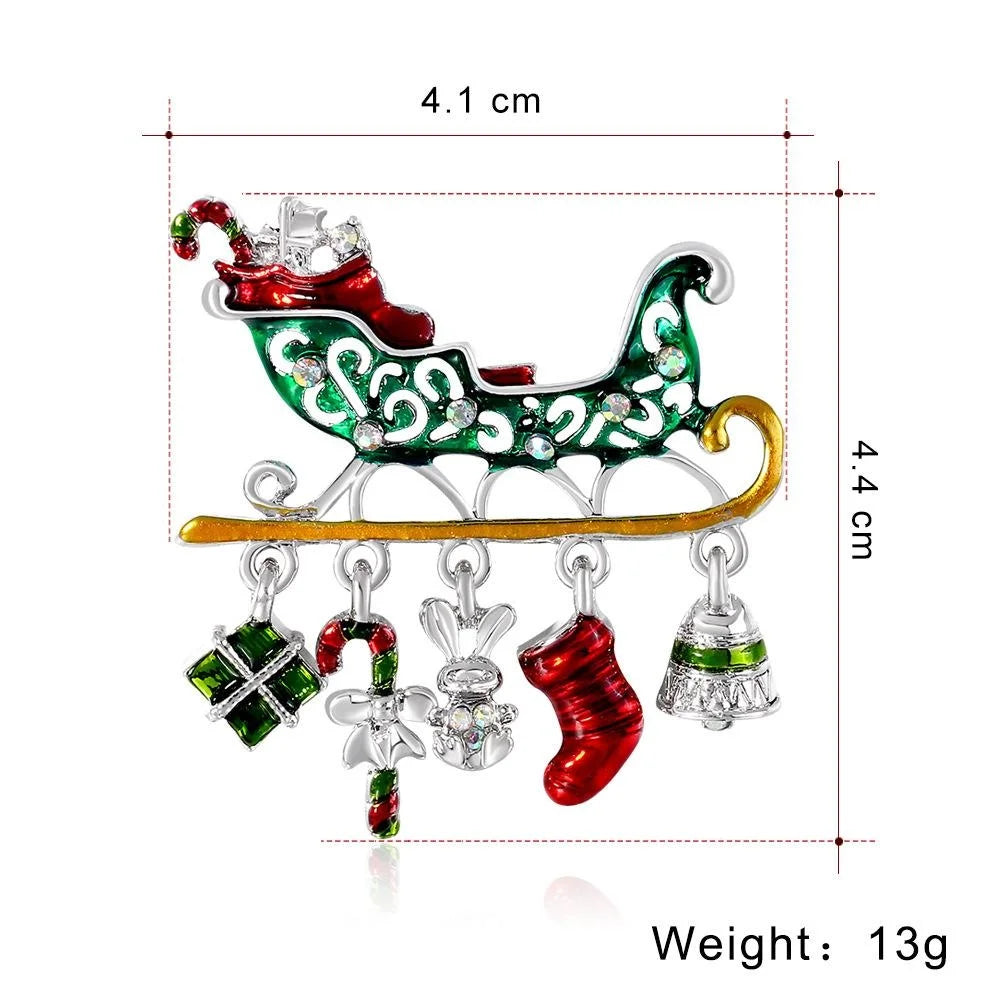 Cute Christmas Sleigh Alloy Rhinestone Enamel Brooch, Festive Holiday Lapel Pin Corsage Gift For Women