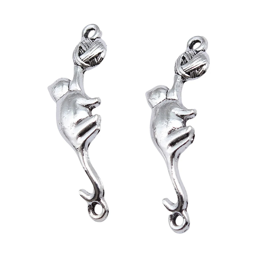 30x9mm 1.2g Antique Silver Zinc Alloy Cat Playing Yarn Ball Connector Charm for DIY Jewelry