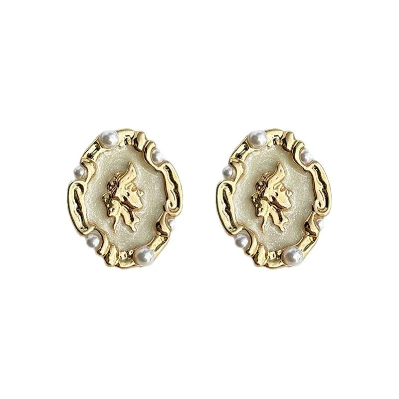 French Vintage Irregular Enamel Beauty Portrait Copper Pearl Stud Earrings For Women